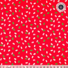 Rapportansicht des roten Gummibärchen-Stoffs mit 40-cm-Lineal zur Größeneinschätzung