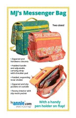 Titelseite des Schnittmusters MJ's Messenger Bag mit zwei genähten Taschen in Grün und Koralle