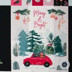 Nahaufnahme des "Merry & Bright"-Motivs mit rotem Auto, Hund und Christbaum im Winterwald