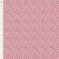 Blätter- und Beerenmuster von Lillian Burgundy aus der Tilda-Kollektion Village Life mit Zoll-Lineal zur Größenreferenz.