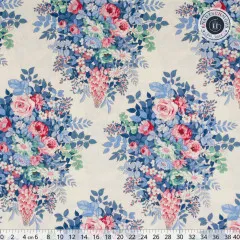 Blumenbouquet-Muster auf Creme im Rapport, mit Zentimeter-Lineal