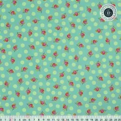 Kleine Rosenknospen und Punkte auf türkisem Fond, mit Zentimeter-Maßstab.