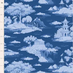 Chinoiserie-Landschaftsdruck auf Marineblau mit Zoll-Lineal