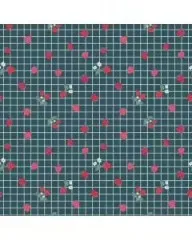 Musterausschnitt des Karostoffs Gingham Berries mit dunklem Gitter und roten Blüten