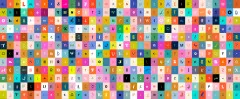 Nahaufnahme einzelner Buchstaben-Karos in verschiedenen Schriftarten und Farben.