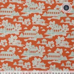 Tilda-Baumwollstoff „Bumblebee – Sunny Park" in Ginger mit mintfarbenen Pagoden- und Gartenmotiven im Toile-Stil auf orangefarbenem Fond.