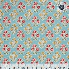 Musterdetail "Farm Flowers" in Teal mit Lineal (ca. 15cm) zum Größenvergleich
