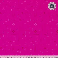 Nahaufnahme des Stichmuster-Drucks in Magenta mit Lineal zum Größenvergleich.