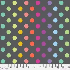 Musterdetail des Punkte-Musters „Disco Poms" auf Carbon-Grund, Zoll-Lineal zum Größenvergleich.