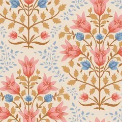 Nahaufnahme des Tulpen-Blütenmusters mit blauen Knospen auf cremefarbenem Fond.