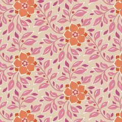 Nahaufnahme des Blütenrankenmusters mit orangefarbenen Blüten auf beigem Fond.