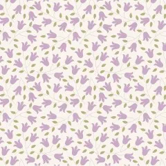 Nahaufnahme des Glockenblumen-Streumusters in Lila mit grünen Blättern.