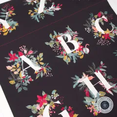 Nahaufnahme der floral verzierten Panel-Buchstaben A, B und C mit Weihnachtsmotiven und rot gepunkteter Schnittlinie.