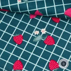Detailaufnahme des Karomusters mit Erdbeeren in Groß- und Nahaufnahme