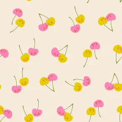 Detailaufnahme einzelner Kirschmotive mit Stielen und Gesichtern in Pink und Gelbgrün.