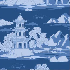 Detailaufnahme einer Pagode mit Palme, Bergen und Ziegen