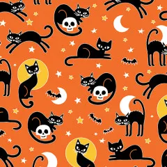 Detailansicht des Musters: schwarze Katzen, weiße Totenköpfe, Mondsicheln, Fledermäuse und Sterne auf Orange