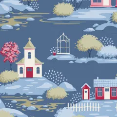 Nahaufnahme des Dorfmotivs in Blau mit Kirche, Landhaus und Gewächshaus aus der Tilda-Kollektion Village Life.