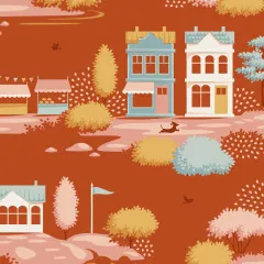 Nahaufnahme des Dorfmotivs in Rostorange mit Marktständen und Häusern aus der Tilda-Kollektion Village Life.