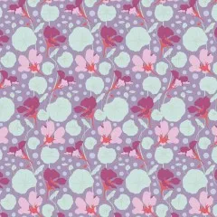 Musterrapport des Gardenlife-Nasturtium-Designs in Lavender mit sich wiederholenden Blüten- und Blattmotiven.
