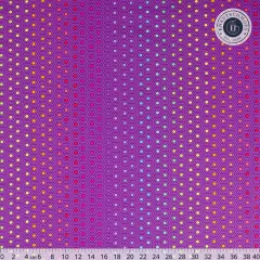 Größerer Ausschnitt des Sechseckmusters „Hexy Rainbow" in Starling, der den Farbverlauf der bunten Punkte auf violettem Fond zeigt.
