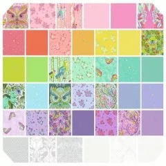 Rasterübersicht aller 40 Fat-Quarter-Muster des Sets mit Eulen, Vögeln, Blumen und drei Ghost-Prints.
