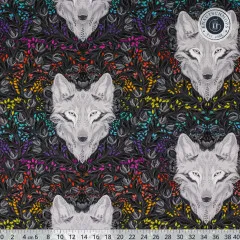 Musterübersicht mit mehreren Wolfsköpfen zwischen dunklen Blättern, Lineal (0–40 cm) zum Größenvergleich.