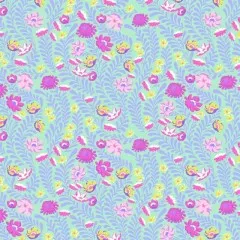 Nahaufnahme der Musterwiederholung mit pinken Blüten und fiederblättrigen Ranken.