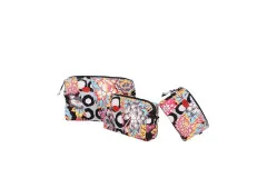 Die drei Ditty-Bags-Größen genäht aus buntem Stoff mit grafischem Blüten- und Kreismuster.