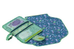Geöffnete Changing-Station-Clutch in Grün mit Netzfächern und Wickelunterlage