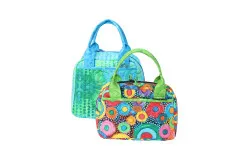 Zwei Out-to-Lunch-Taschen im bunten Kreise-Stoffdesign