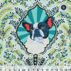 Nahaufnahme eines Boston Terriers im ornamentalen Medaillon vor türkisem Strahlenkranz.