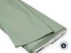 Nahaufnahme der Chambray-Webstruktur in Sage mit feiner changierender Fadenoptik.