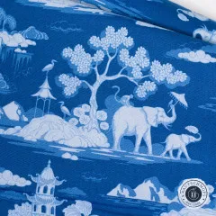 Nahaufnahme mit Elefant, Affe mit Sonnenschirm und Reihern im Schrägwinkel