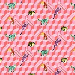 Dichte Nahaufnahme mehrerer bunter Katzen zwischen Würfel- und Treppenillusion in Pink- und Koralltönen.