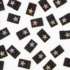 Nahaufnahme mehrerer „Metallic Rainbow Star"-Weblabel dicht nebeneinander verstreut.