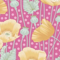 Detailaufnahme der Mohnblumen und Samenkapseln des Gardenlife-Stoffs „Poppies“ in Pink.