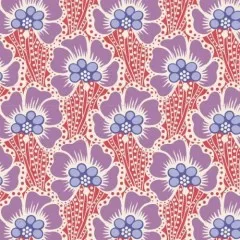 Nahaufnahme der Mohnblumen-Musterwiederholung des Cotton-Beach-Stoffs „Ocean Flower“ in Coral.