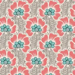 Nahaufnahme der Mohnblumen-Musterwiederholung des Cotton-Beach-Stoffs „Ocean Flower“ in Grey.