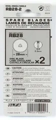 Rückseite der OLFA Verpackung RB28-2 mit Maßangaben 28 mm, 0,3 mm Klingenstärke und Sicherheitshinweisen