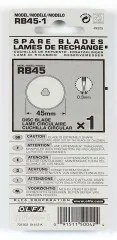 Rückseite der OLFA RB45-1 Verpackung mit Maßangaben 45 mm, Klingenstärke 0,3 mm und Sicherheitshinweisen