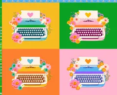 Randbereich des Panels mit Schriftzug „Best Day Ever“, „Ruby Star Society“ und kleinem Muster aus Schreibmaschinen- und Herz-Symbolen entlang der Kante.