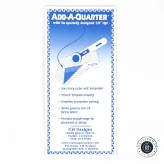 Rückseite der Verpackung mit Beschreibung der Add-A-Quarter-Nahtzugabe-Funktion.