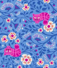 Vollständige Rapportdarstellung der grinsenden Cheshire-Katzen und Blüten auf Blau ohne Maßstab und Logo.