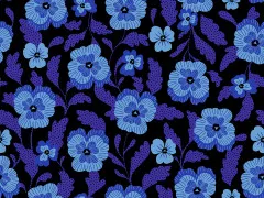 Vollständige Rapportdarstellung der blauen Stiefmütterchen-Blüten auf Schwarz ohne Maßstab und Logo.