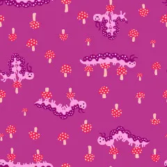 Vollständige Rapportdarstellung des Raupen- und Pilzmusters auf Magenta ohne Maßstab und Logo.