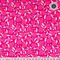 Vollständige Rapportdarstellung der Blüten auf Magenta mit Knautschmops-Logo, ohne Maßstab.