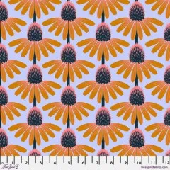 Digitale Rapportdarstellung des Echinacea-Musters mit „freespiritfabrics.com“-Schriftzug und Zoll-Maßband.