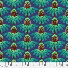 Digitale Rapportdarstellung des Echinacea-Musters mit „freespiritfabrics.com“-Schriftzug und Zoll-Maßband.