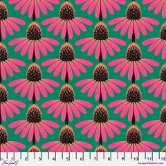 Digitale Rapportdarstellung des Echinacea-Musters mit „freespiritfabrics.com“-Schriftzug und Zoll-Maßband.